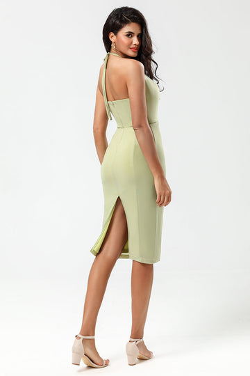 Dusty Sage Bodycon Halter Tea Length Bridesmaid Dress with Slit